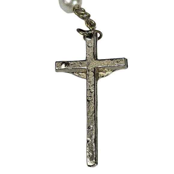 Catholic Rosary Bracelet Silver Tone with Faux Pearl Beads & Crucifix VINTAGE - Picture 8 of 9